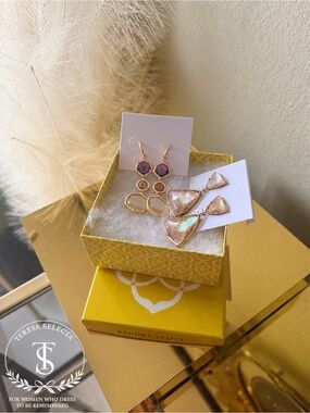 Kendra Scott Gold Tone Pink Multi-Stone Statement Drop Earrings Lot of 2